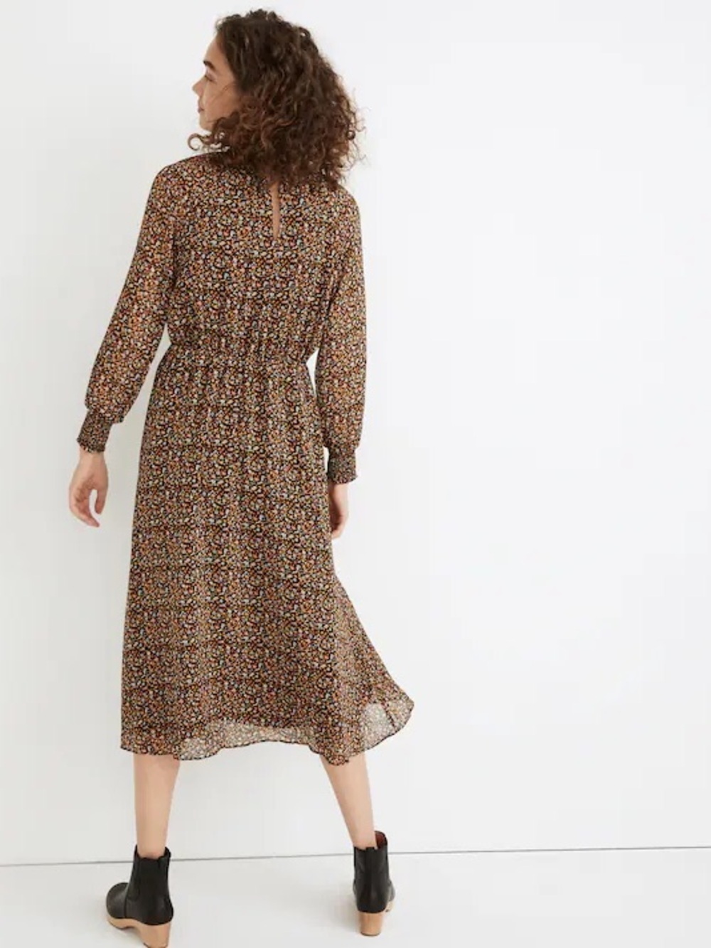 Madewell Floral Smocked Midi Dress Black Multi Stretch Waist Flowy Soft Drape - Picture 3 of 12